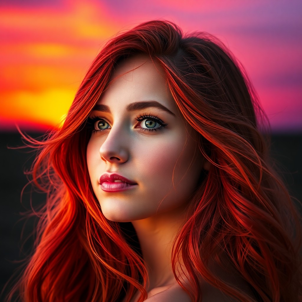 AI generated art for prompt: Craft a captivating double exposure portrait of a young woman adorned with vibrant red and gold lock