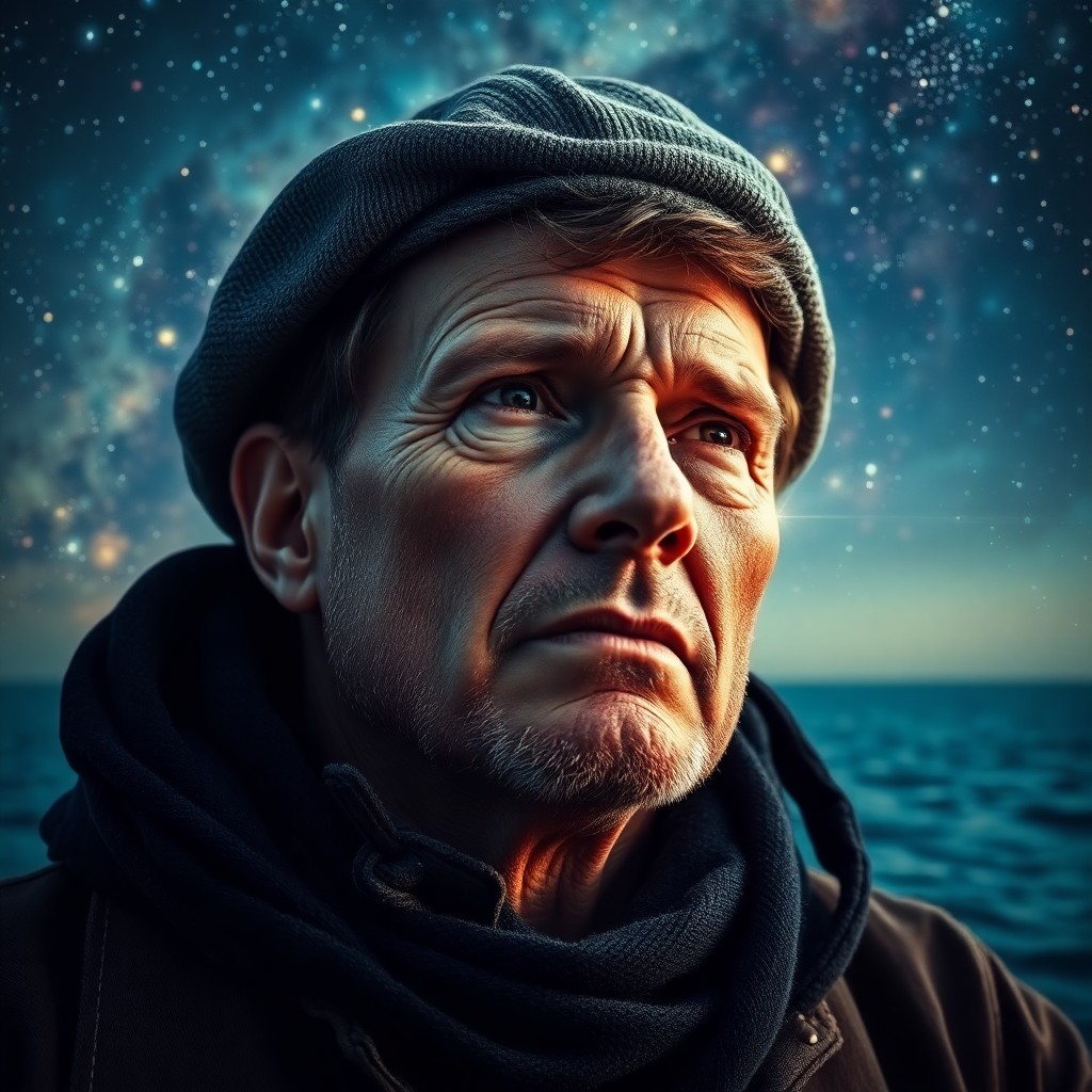 AI generated art for prompt: Craft an image capturing a resolute sailor's portrait, gazing towards the horizon with an ethereal o