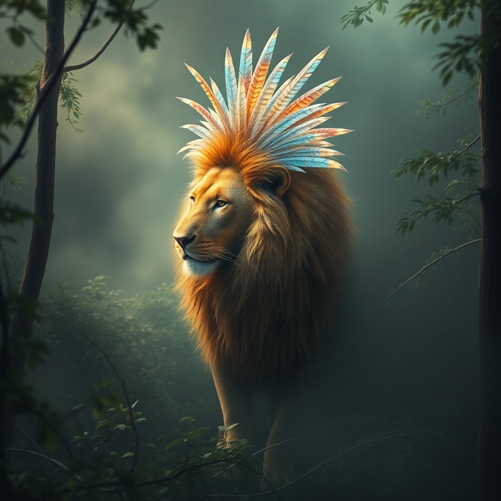 AI generated art for prompt: Within a serene forest clearing shrouded by mist, an awe-inspiring figure emerges: a majestic lion a