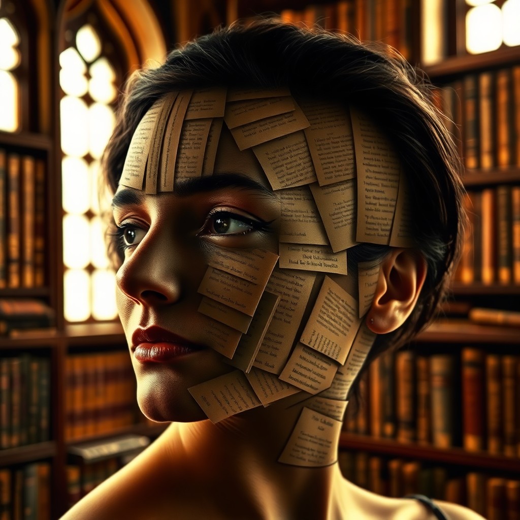 AI generated art for prompt: A woman's face gracefully blends with an aged library backdrop, her skin adorned with intricate patt