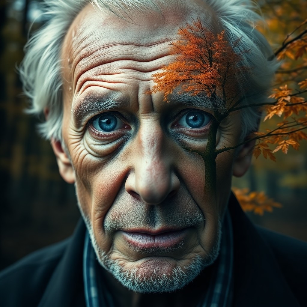 AI generated art for prompt: A double exposure portrait showcases an elderly man with weathered skin and intense blue eyes, his s