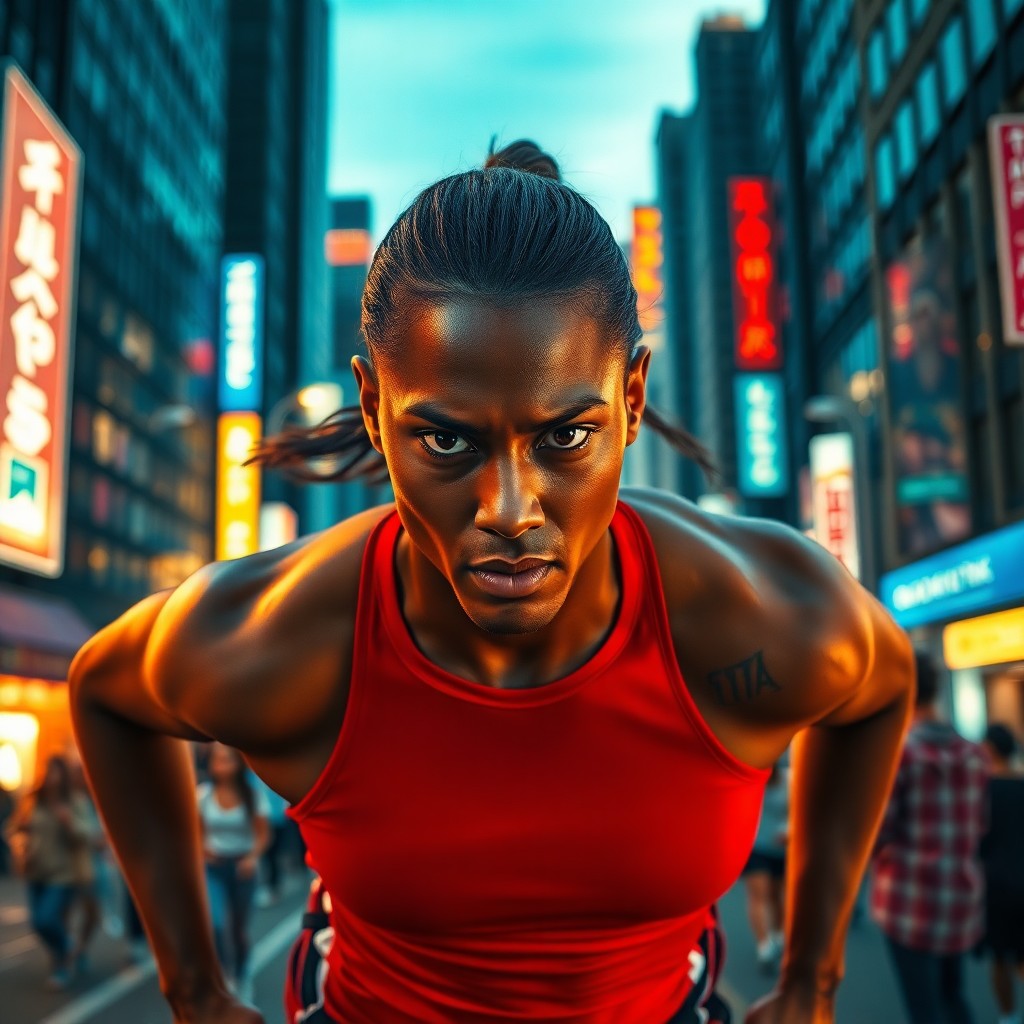 AI generated art for prompt: Envision a photorealistic portrait of an athlete merging seamlessly with a bustling cityscape at dus