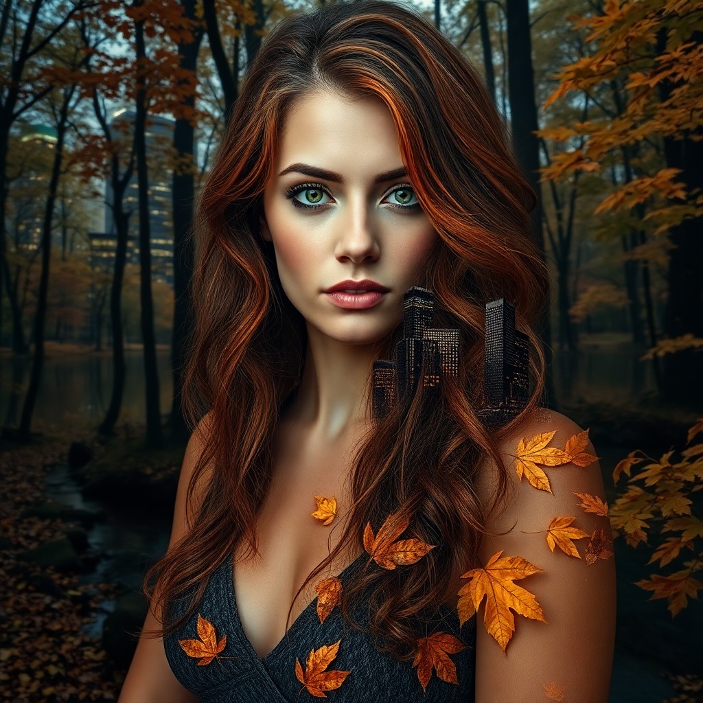 AI generated art for prompt: An alluring woman with cascading hair, blending into vibrant autumn leaves, stands amidst a dense fo