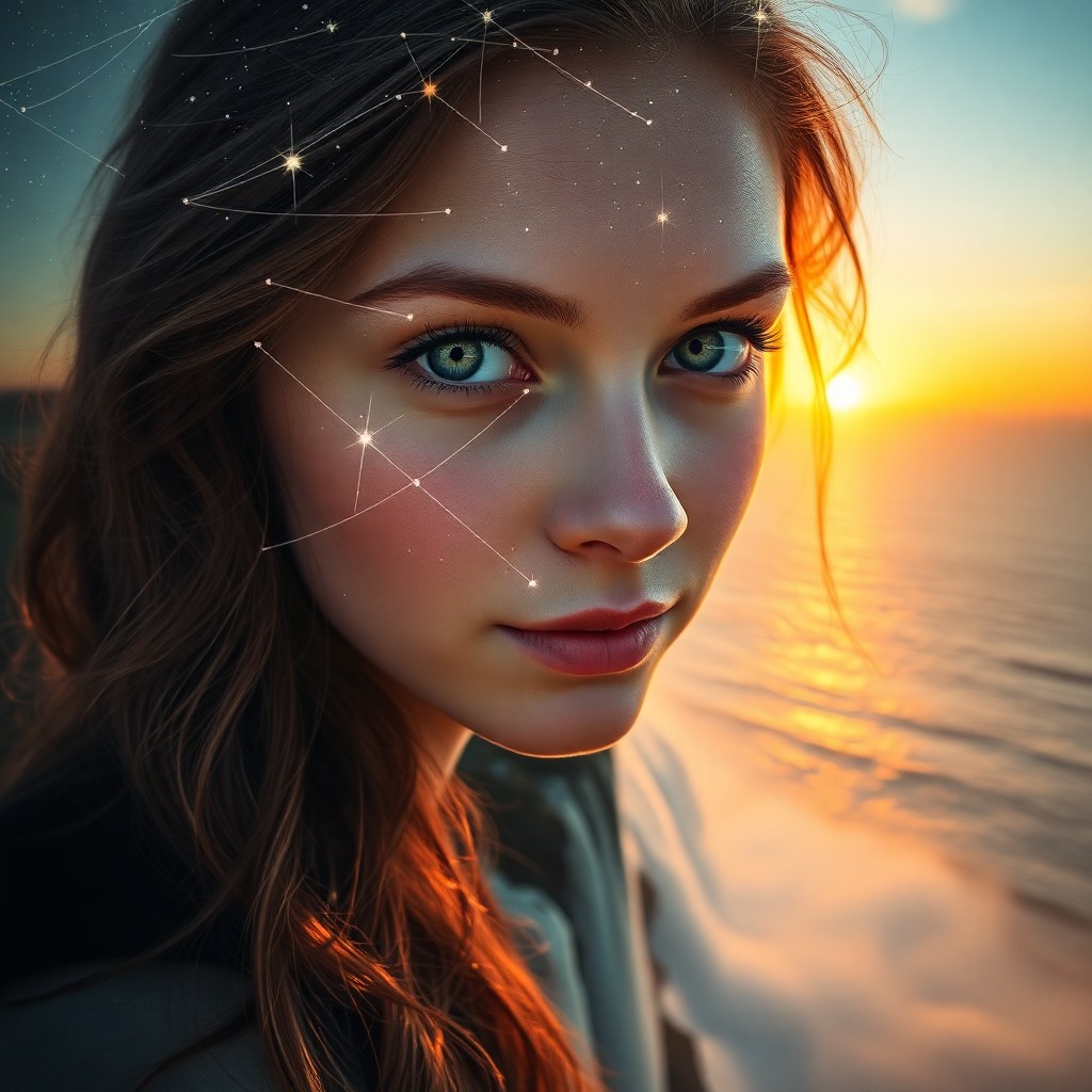 AI generated art for prompt: A young woman with captivating green eyes and cascading auburn hair stands atop a cliff, gazing out 