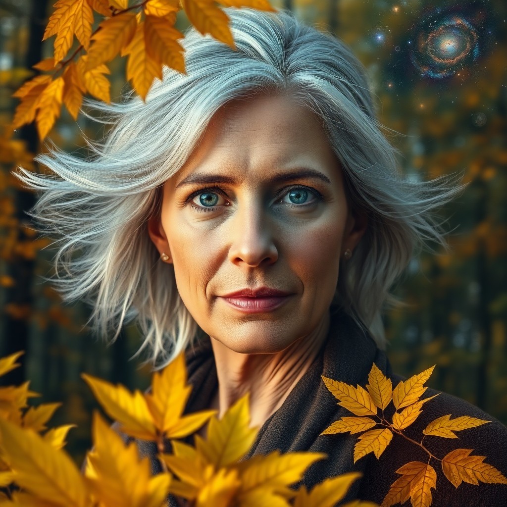 AI generated art for prompt: Envision a photorealistic digital portrait of a middle-aged woman, her piercing blue eyes and windsw