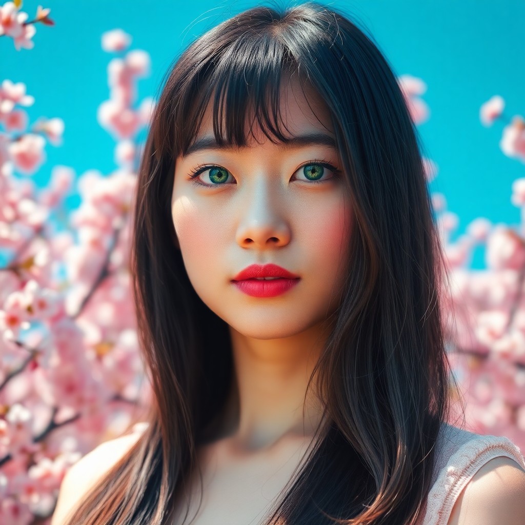 AI generated art for prompt: A Japanese woman, aged thirty-something, stands amidst a vibrant cherry blossom grove beneath a bril