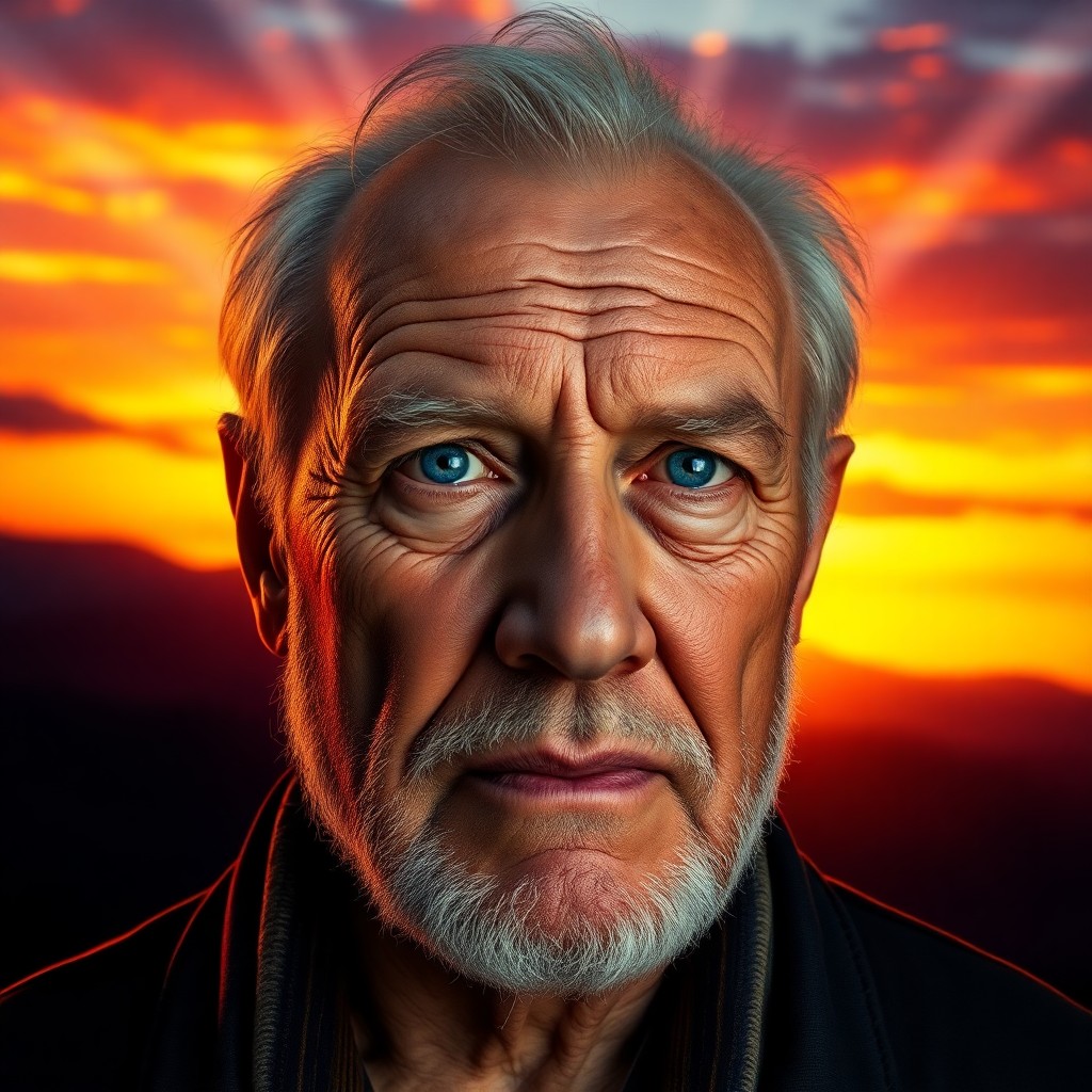 AI generated art for prompt: A photorealistic digital portrait captures an elderly man in his late seventies, his solemn expressi