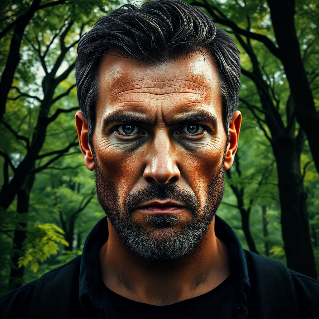 AI generated art for prompt: A captivating photorealistic portrait depicts a stoic man in his mid-forties with rugged features an