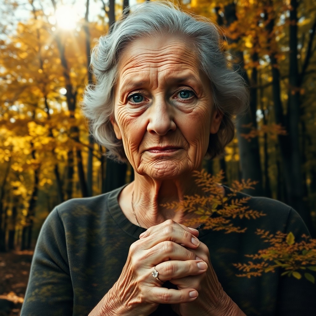 AI generated art for prompt: A captivating double exposure portrait of an elderly woman amidst a vibrant autumn forest showcases 