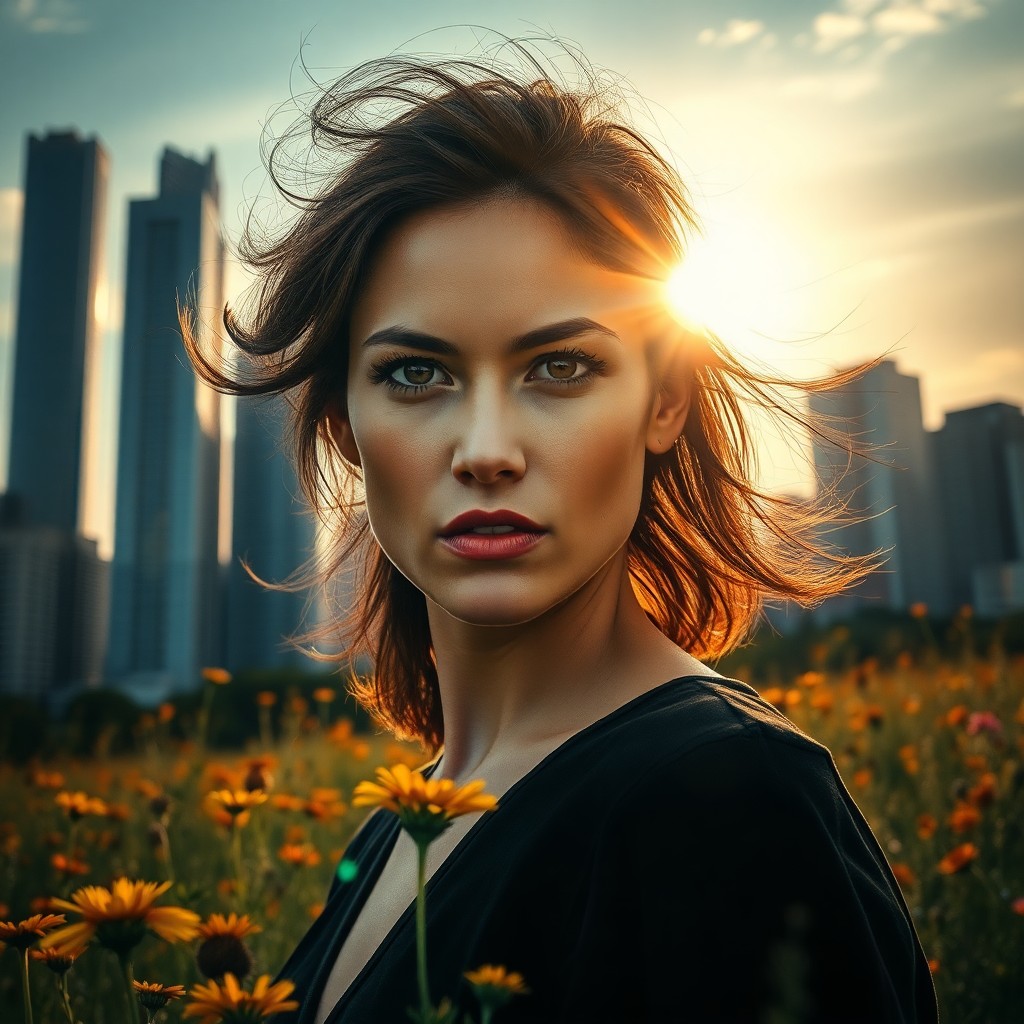 AI generated art for prompt: A captivating double-exposure portrait showcases a resolute woman with intense eyes and windswept ha