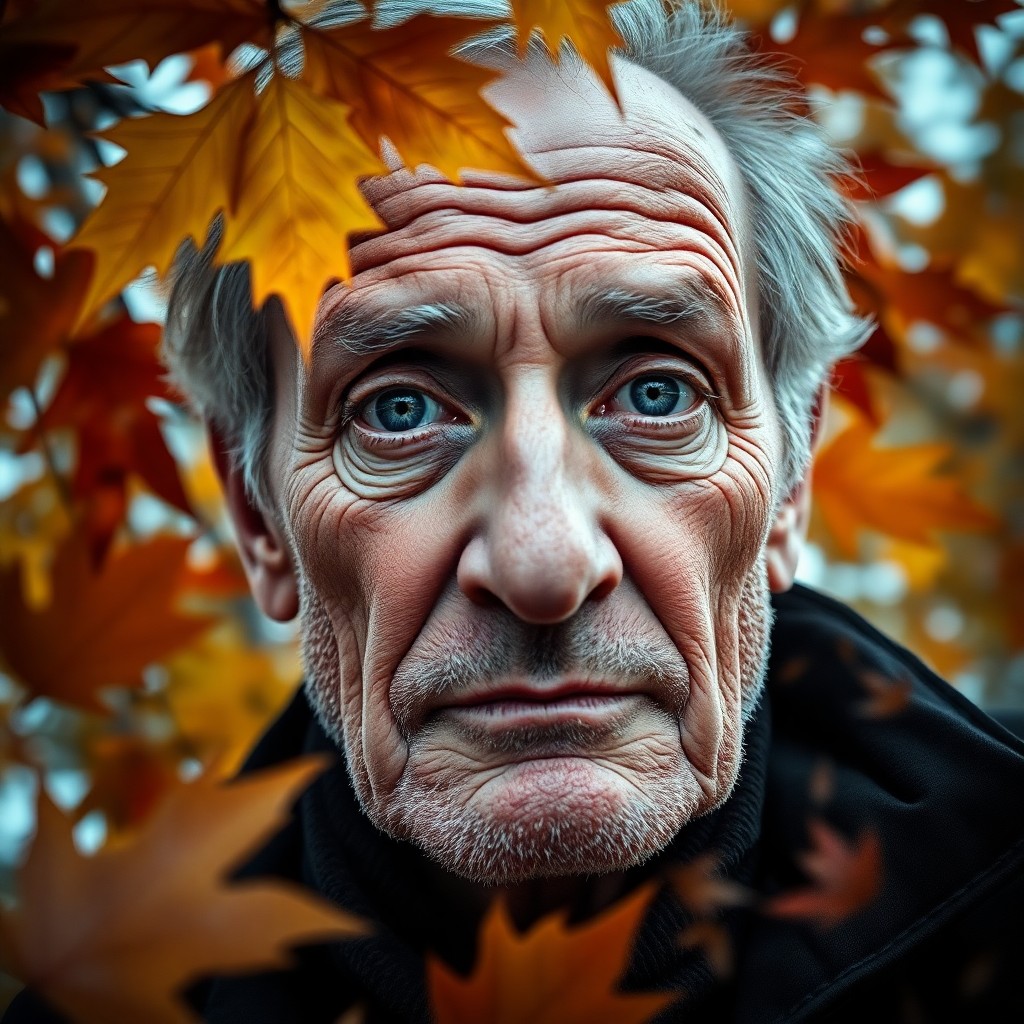 AI generated art for prompt: A striking double exposure portrait features an older man with weathered skin and intense blue eyes,