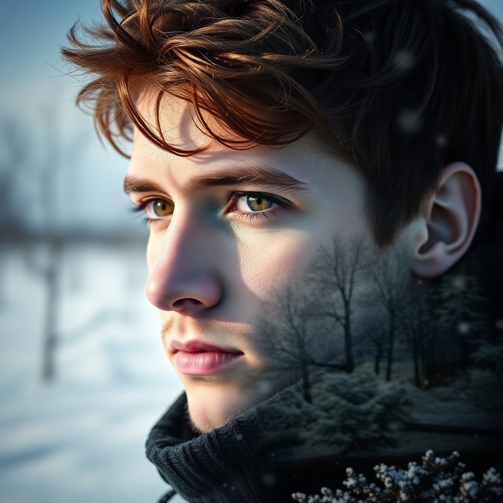 AI generated art for prompt: Craft an enigmatic double exposure portrait featuring a pensive young man with deep brown eyes and t