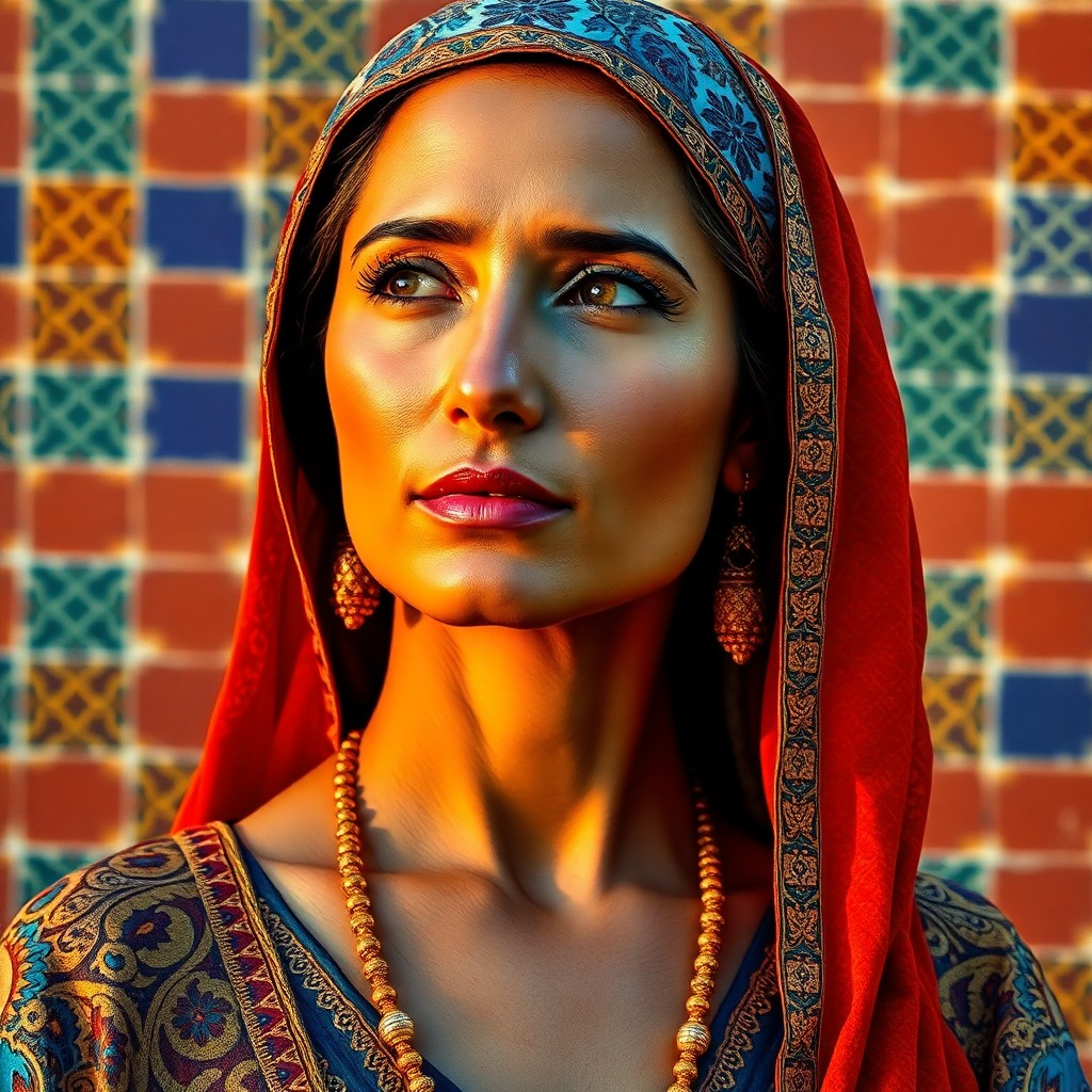 AI generated art for prompt: Create a photorealistic portrait of a serene woman in her mid-30s with Middle Eastern features, wear