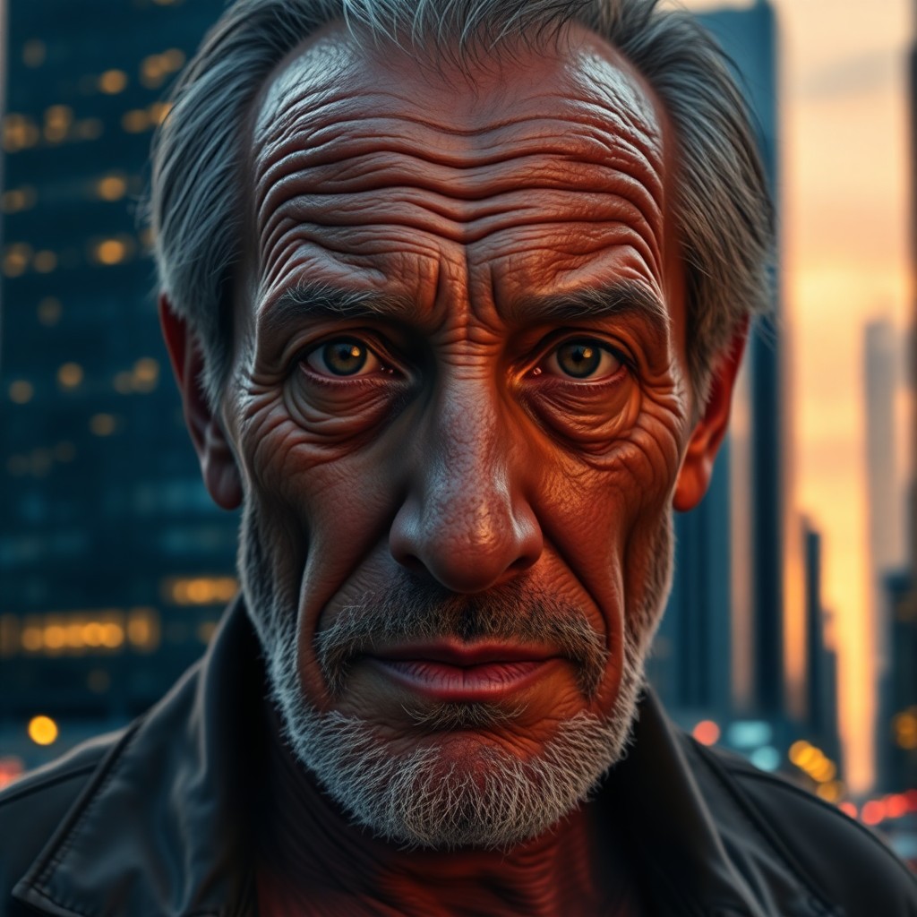 AI generated art for prompt: A photorealistic portrait of an older man with deep wrinkles and a weathered face, his features blen