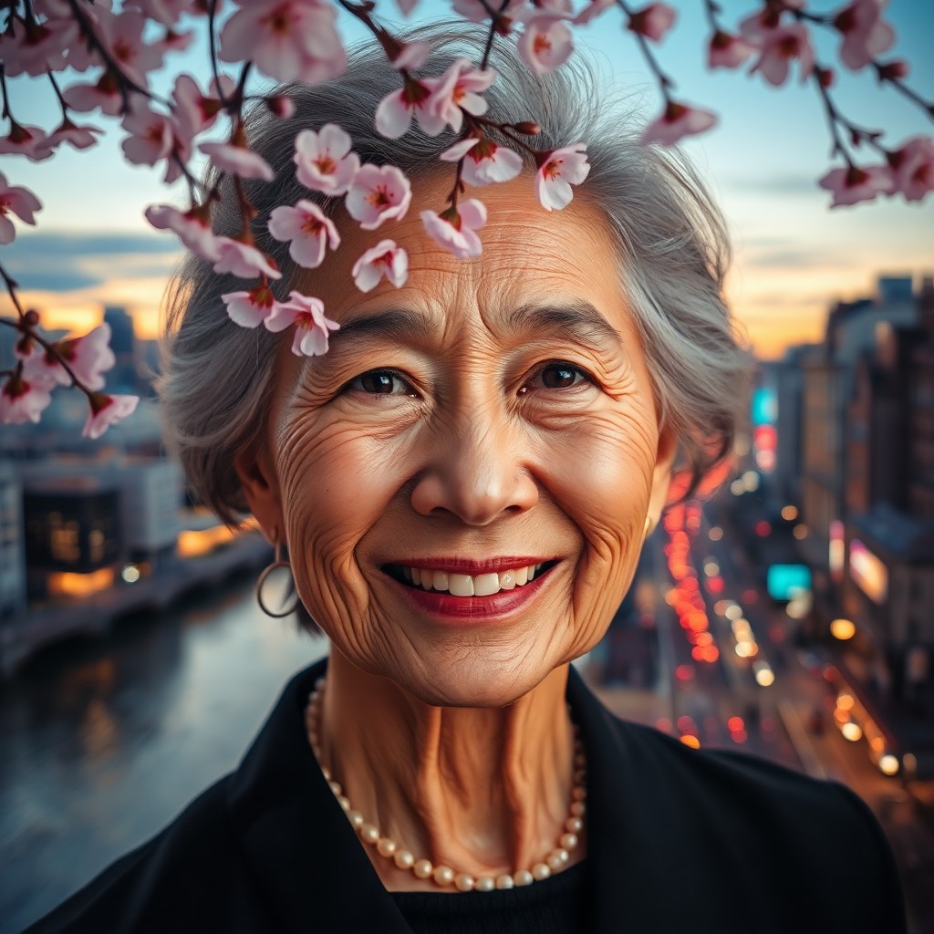 AI generated art for prompt: A captivating double exposure portrait showcases an elegant elderly woman with a warm smile, her fac