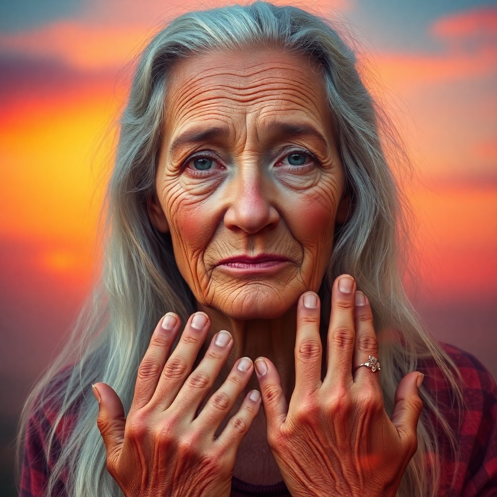 AI generated art for prompt: Envision a portrait of an elderly woman, her face etched with wisdom and framed by long silver hair 