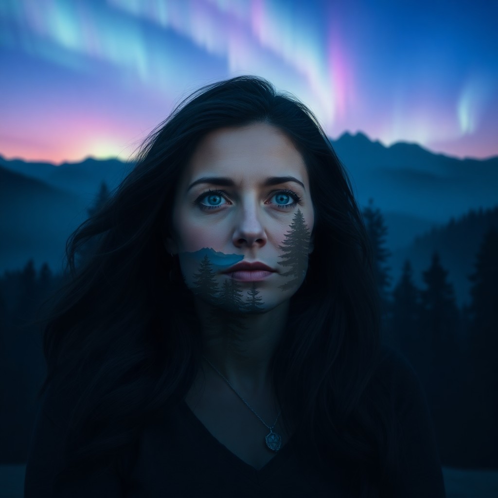 AI generated art for prompt: A contemplative woman in her late 30s, with flowing dark hair and piercing blue eyes, gazes pensivel