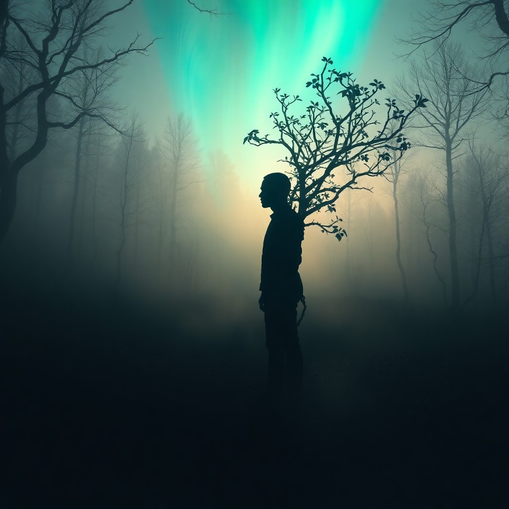 AI generated art for prompt: A haunting portrait depicts a solitary figure amidst a mist-filled forest clearing. Their age remain