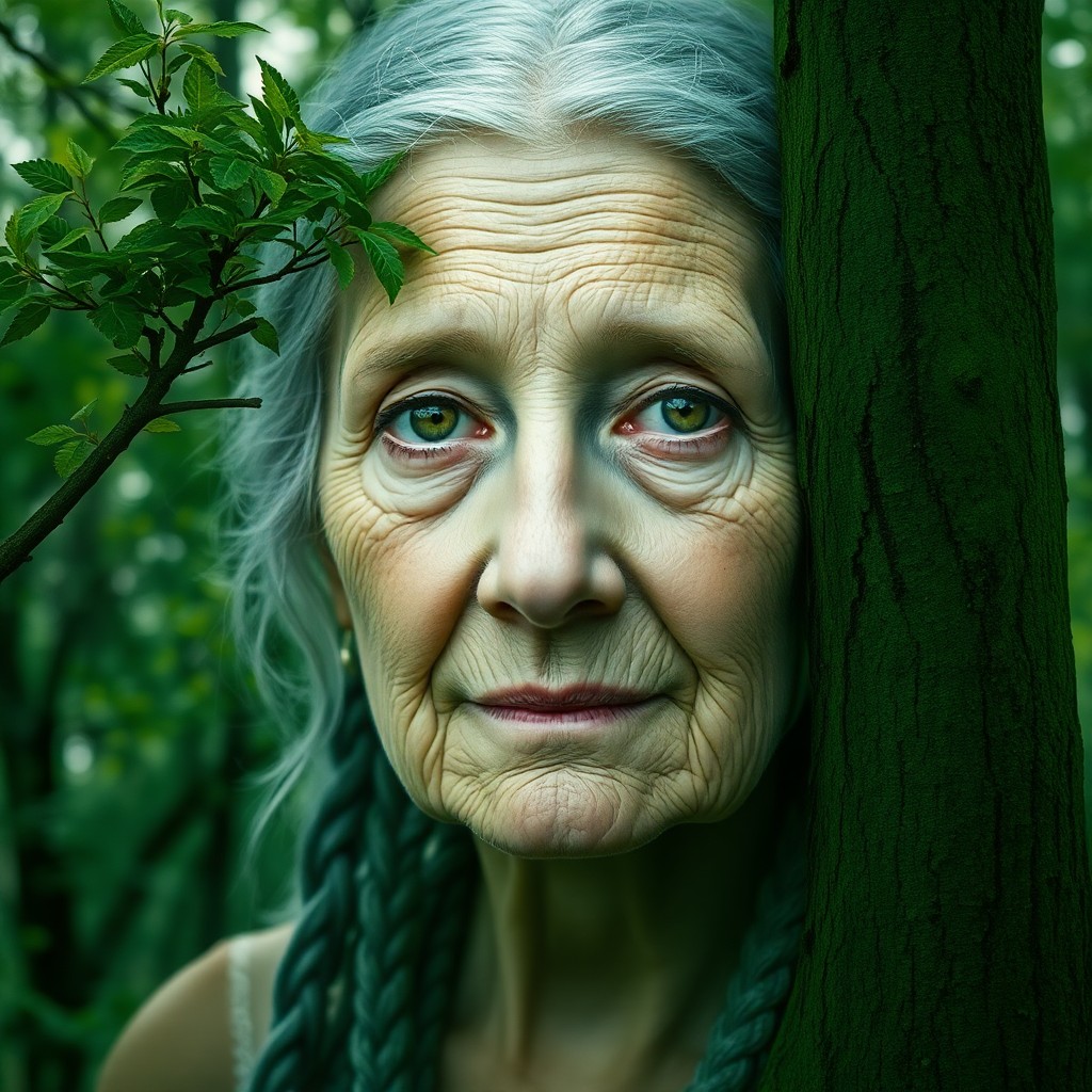 AI generated art for prompt: An elderly woman with hazel eyes and silver hair intricately braided emerges from a lush ancient for