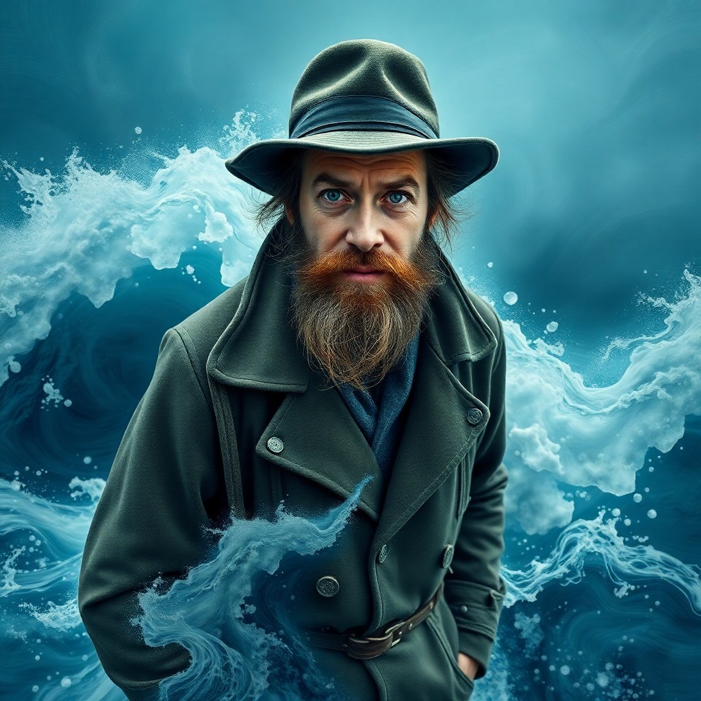 AI generated art for prompt: A captivating portrait emerges of an eccentric tidal researcher amidst a tumultuous sea storm. Fatig