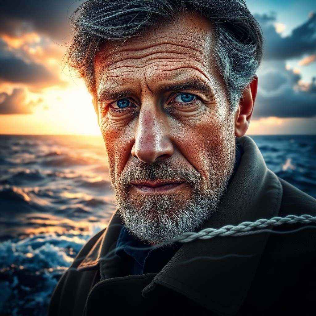 AI generated art for prompt: Craft a photorealistic double exposure portrait showcasing a seasoned sailor's weathered visage and 