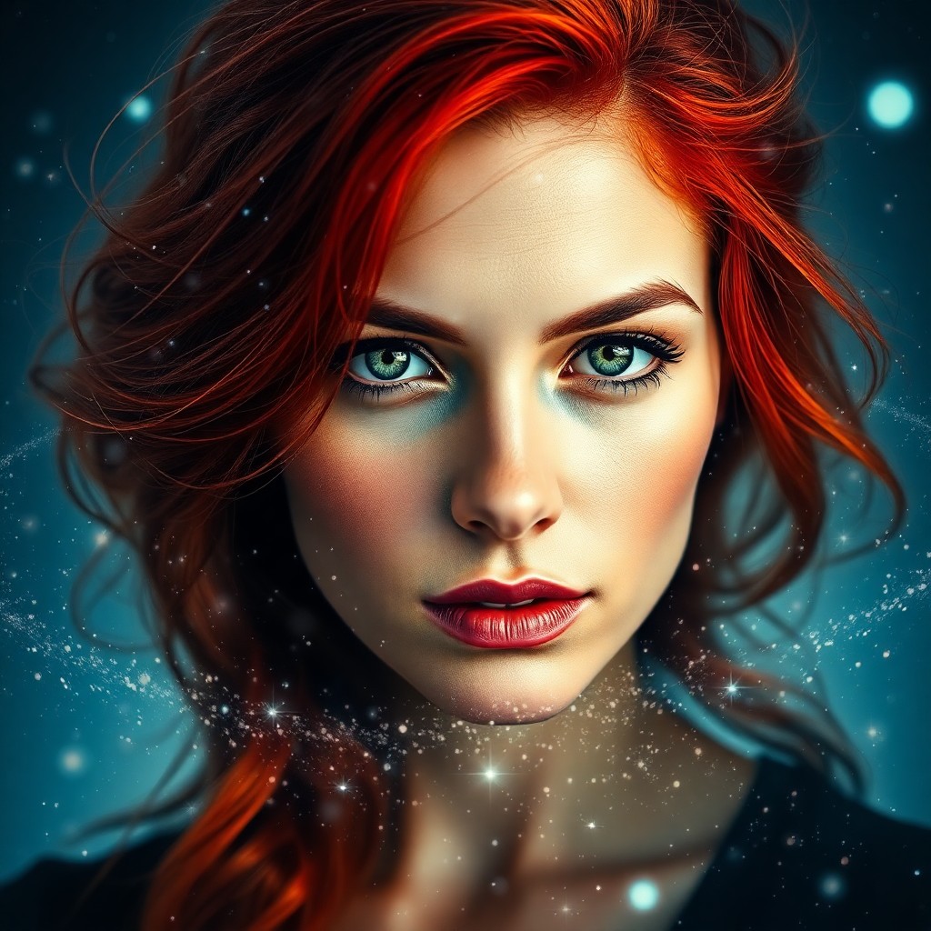 AI generated art for prompt: A captivating double exposure portrait showcases an olive-skinned woman with fiery red hair, its tre