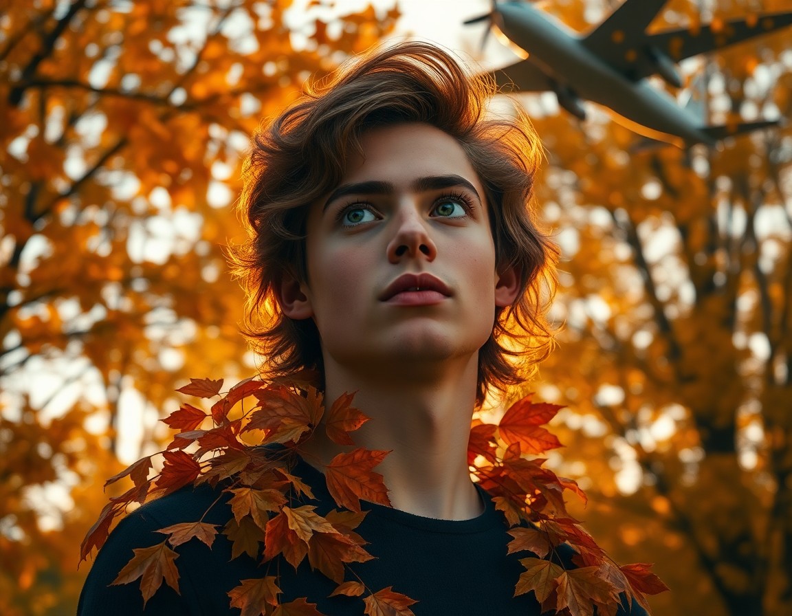 AI generated art for prompt: Amidst a canvas of swirling autumn leaves, a young man with piercing green eyes and warm bronze skin