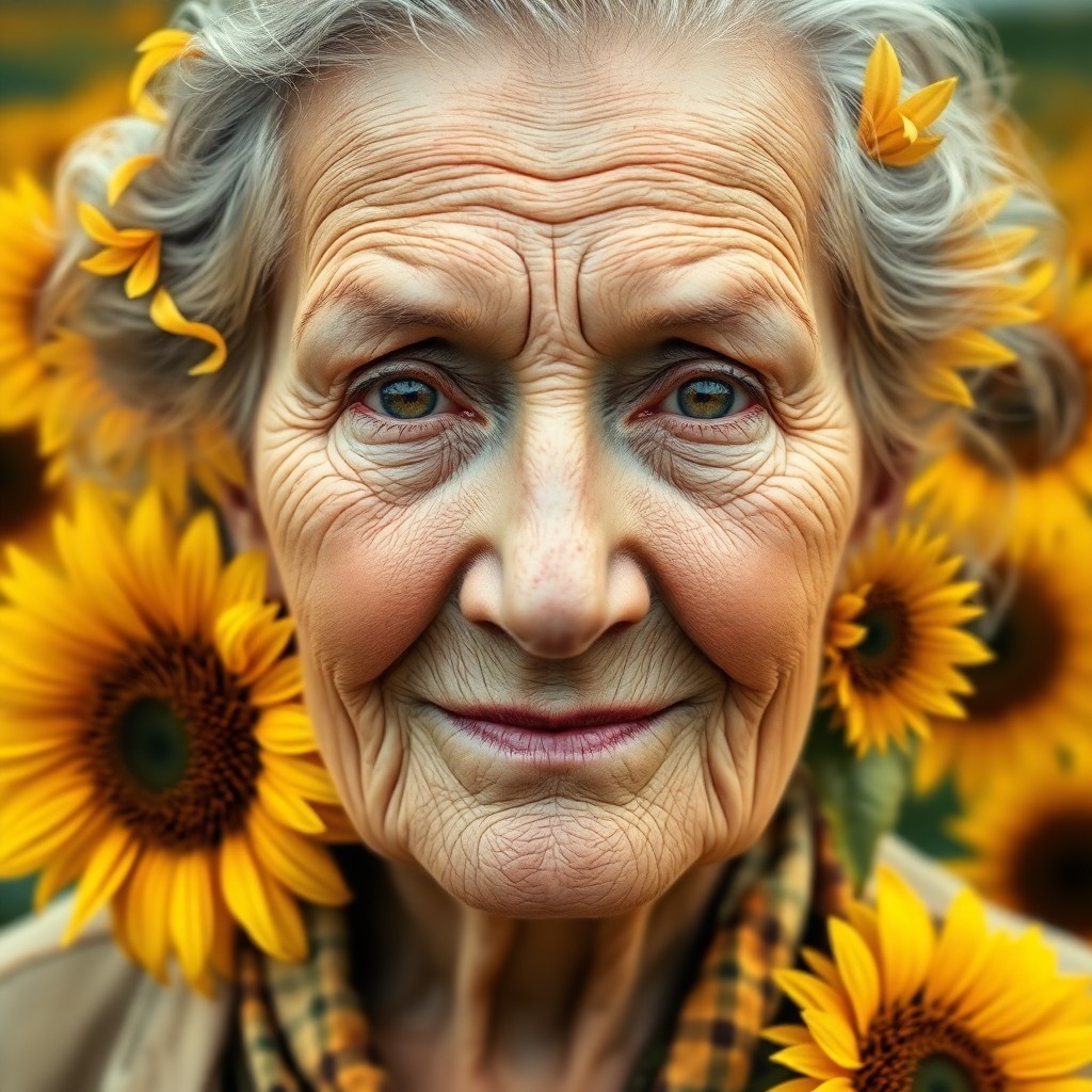 AI generated art for prompt: Generate a photorealistic digital portrait of an elderly woman with delicate wrinkles gracefully ado