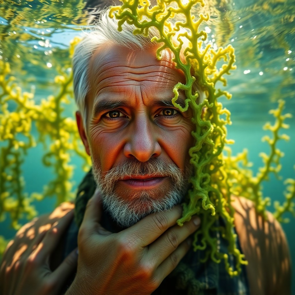 AI generated art for prompt: A portrait photograph showcases a weathered fisherman with sun-kissed skin and eyes filled with wisd