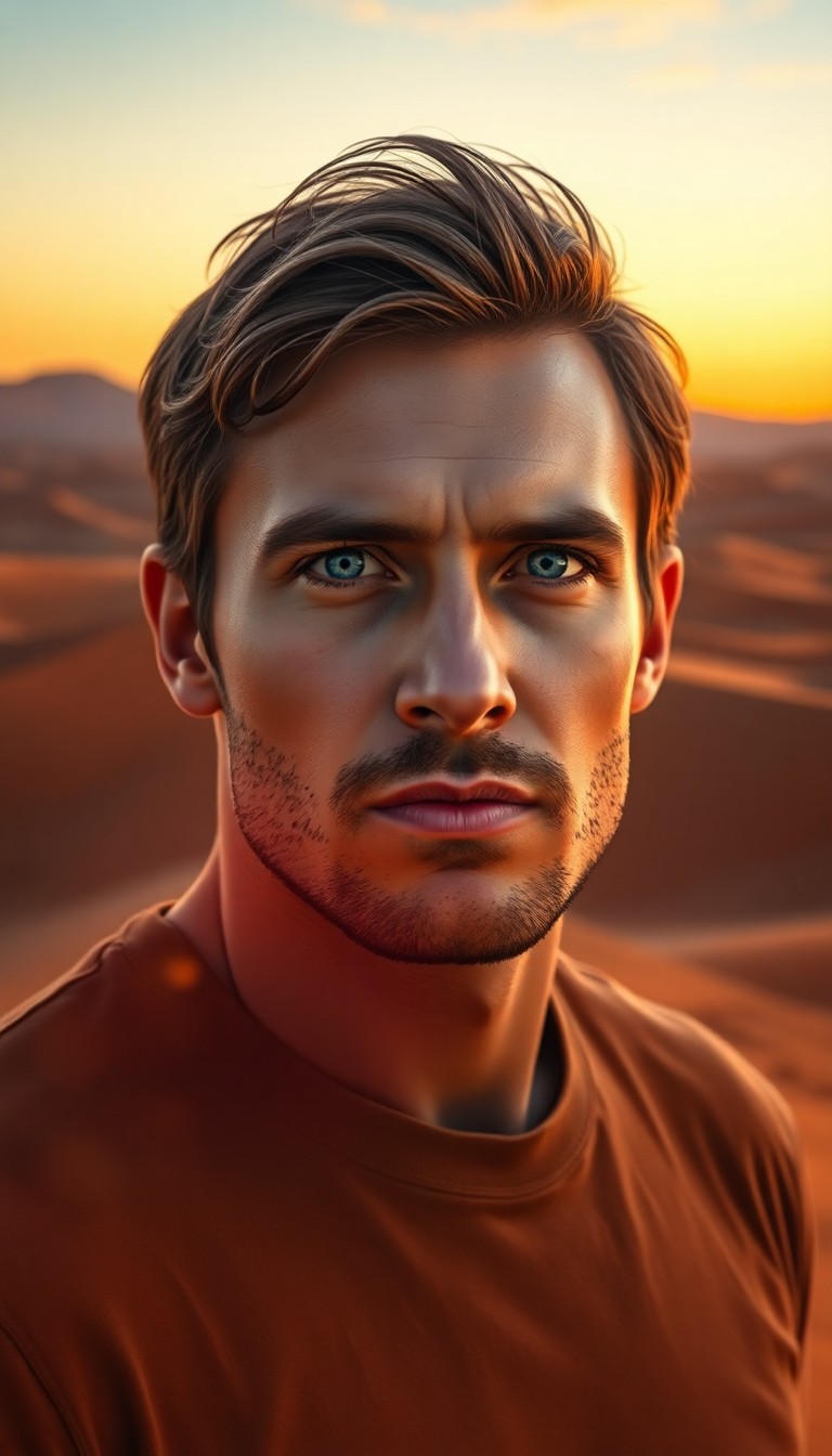 AI generated art for prompt: Craft a photorealistic portrait of a ruggedly handsome man in his mid-thirties with piercing blue ey