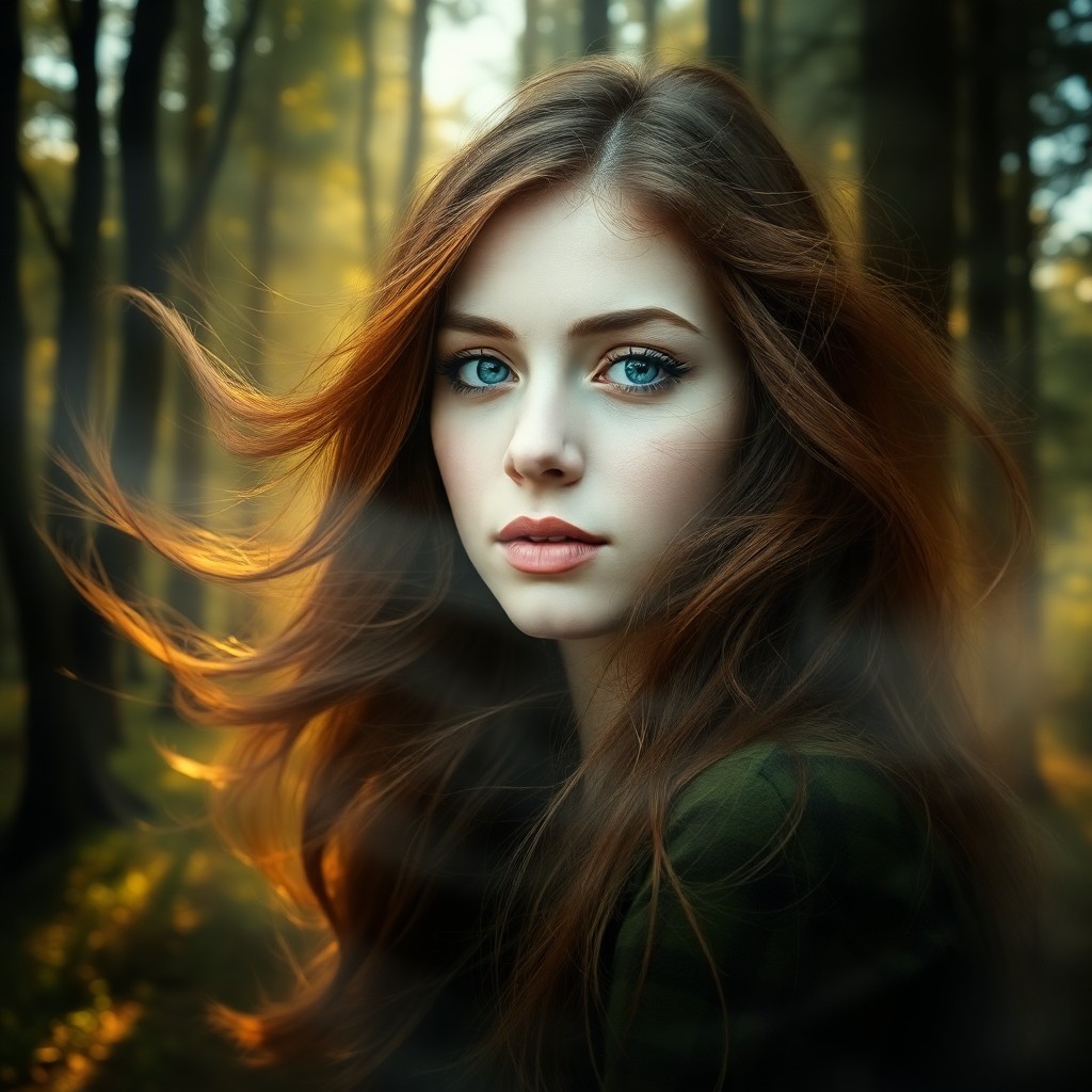 AI generated art for prompt: An enigmatic young woman with piercing blue eyes and flowing auburn hair emerges from a misty forest