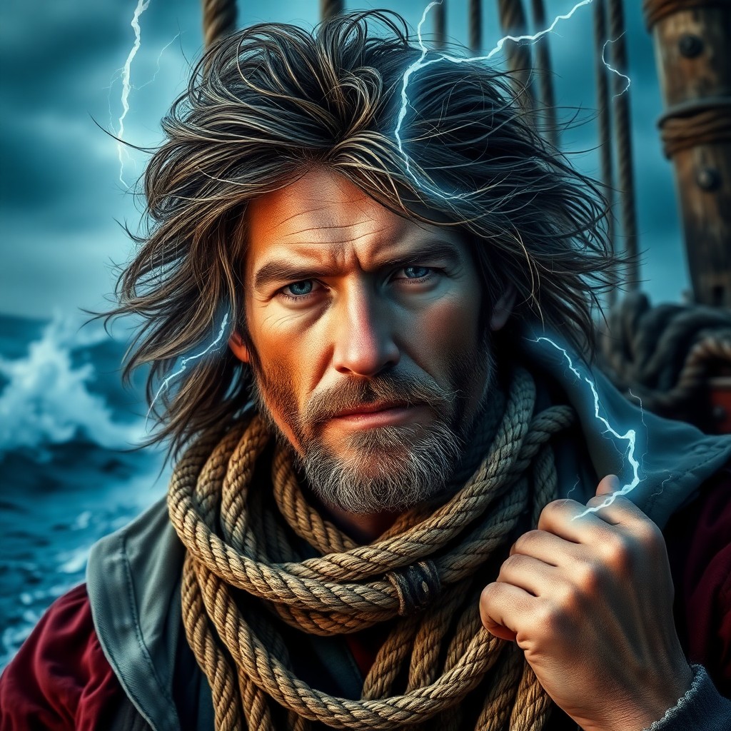 AI generated art for prompt: A captivating digital portrait depicts a seasoned sailor with windswept locks and an unwavering gaze