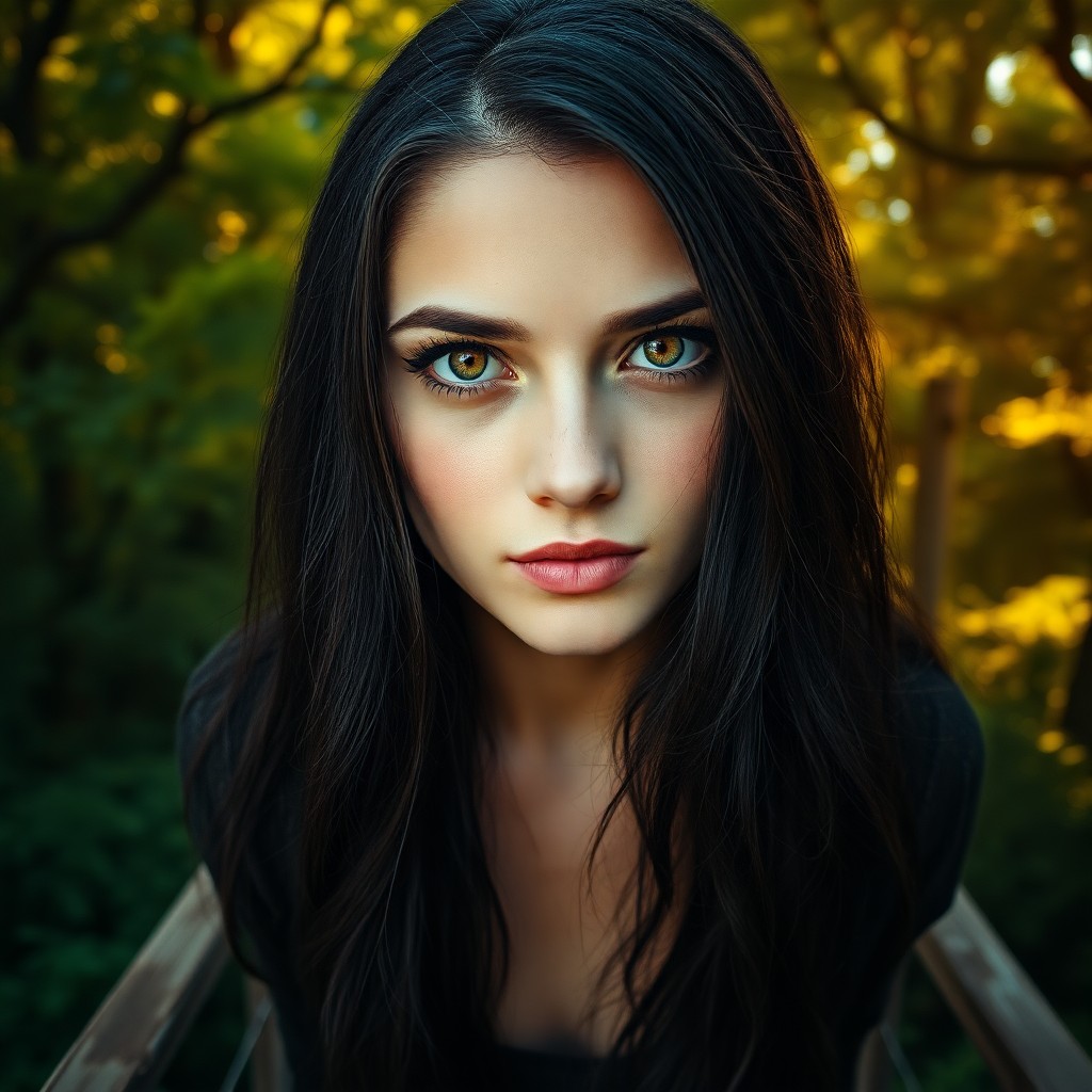 AI generated art for prompt: A photorealistic portrait of a striking young woman with captivating hazel eyes and raven hair casca