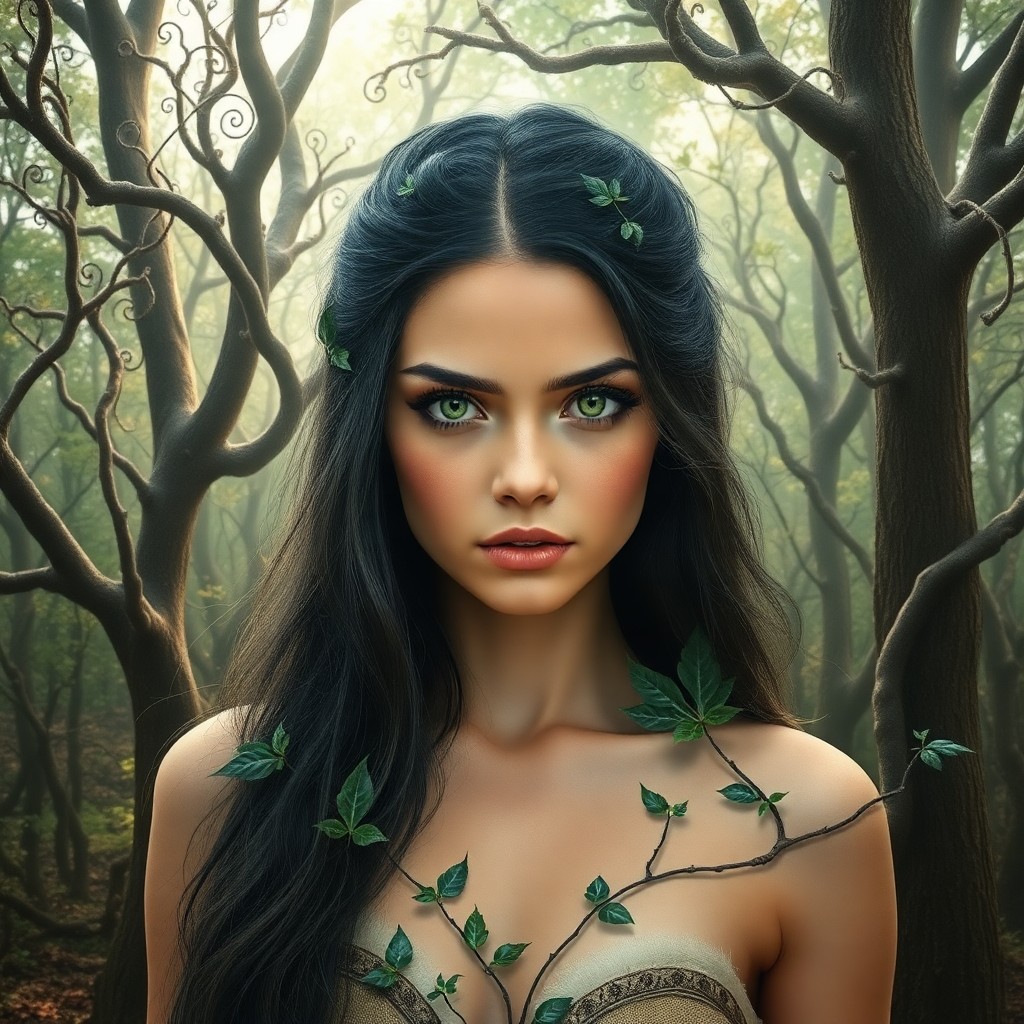 AI generated art for prompt: Envision a photorealistic portrait of a young woman with raven hair and piercing green eyes, her eni