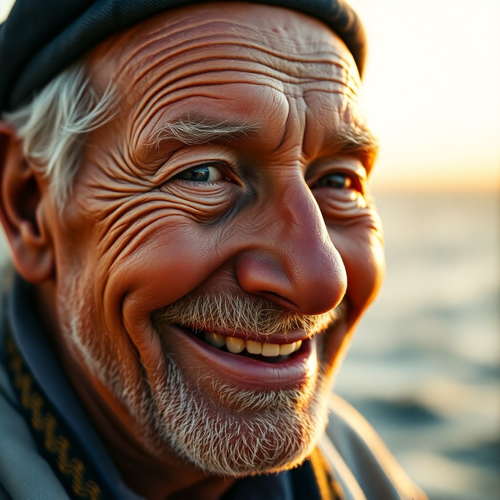 AI generated art for prompt: A photorealistic film camera portrait captures an aged sailor's joyful spirit, his face etched with 