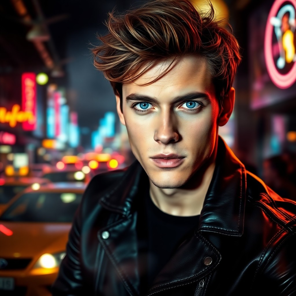 AI generated art for prompt: A double exposure portrait showcases a confident young man with piercing blue eyes and tousled brown