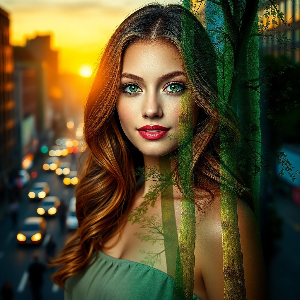 AI generated art for prompt: Create a captivating double exposure portrait showcasing a vibrant young woman with cascading chestn