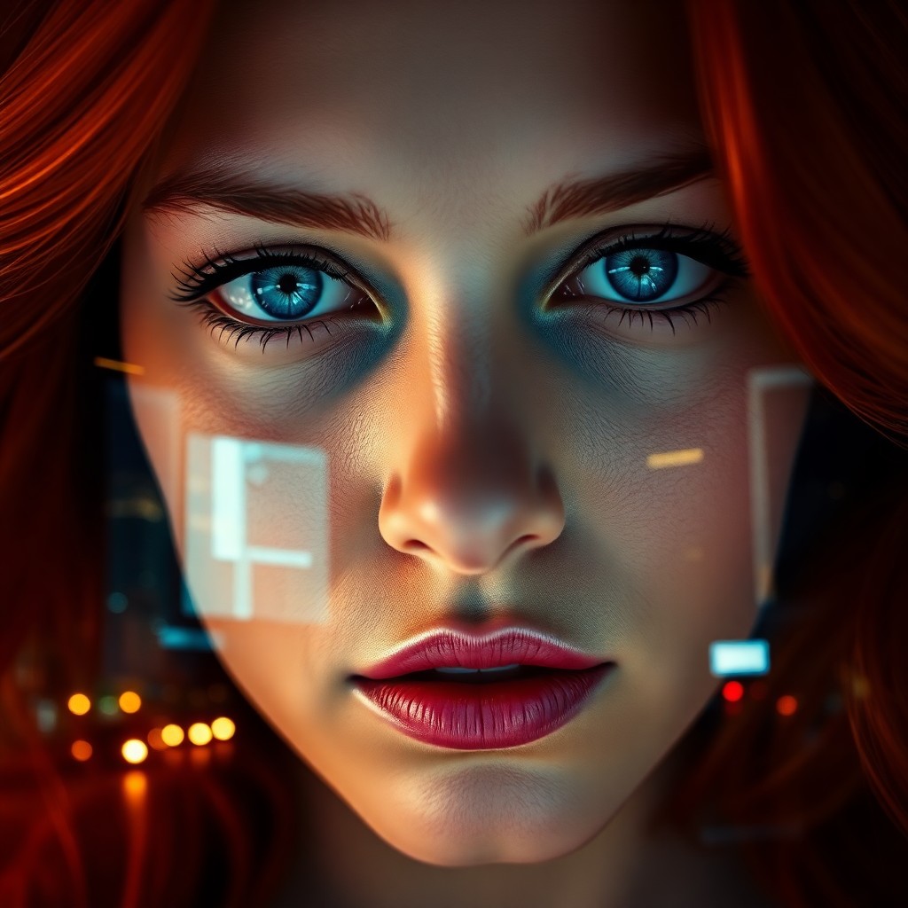 AI generated art for prompt: An intense close-up portrait showcases a woman with piercing blue eyes and flowing red hair, set aga