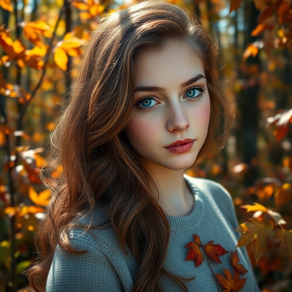 AI generated art for prompt: Amidst a vibrant autumn forest, envision a young woman with piercing blue eyes and cascading chestnu