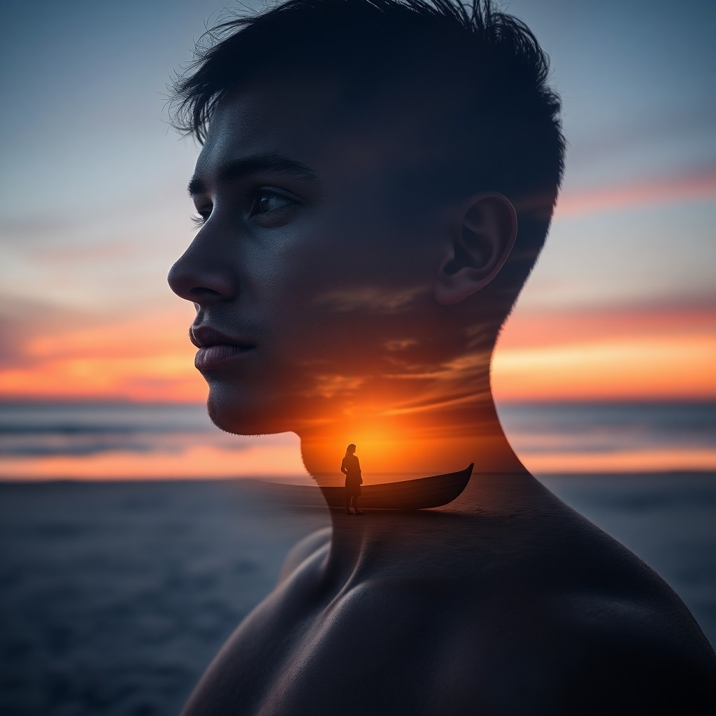 AI generated art for prompt: Craft an evocative double exposure portrait showcasing a solitary figure on a desolate beach at dusk