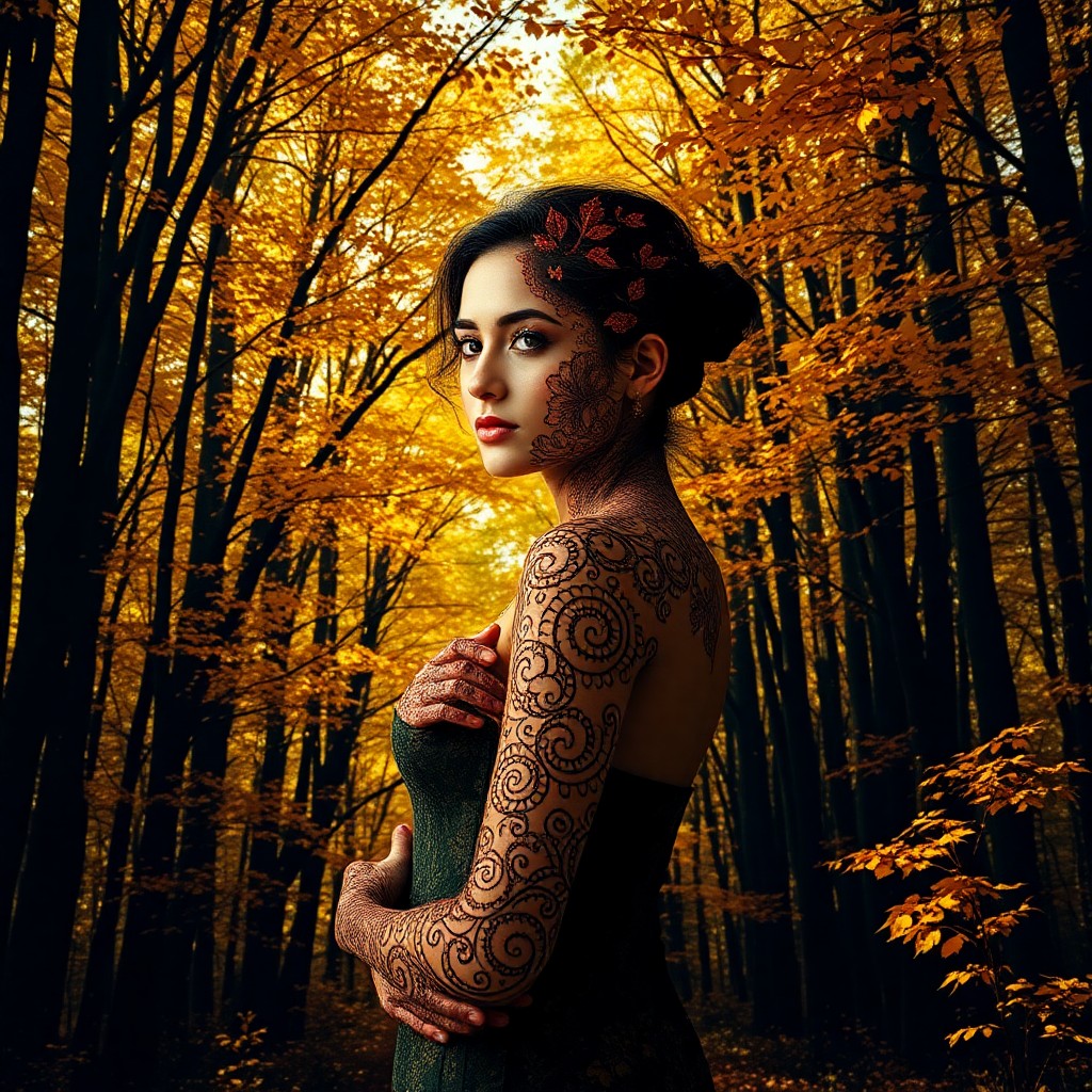 AI generated art for prompt: An ethereal female figure stands amidst a dense forest, her body adorned with intricate henna patter