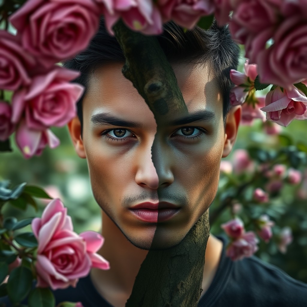 AI generated art for prompt: A photorealistic DSLR portrait showcases a young man's striking features amidst a lush garden. His i