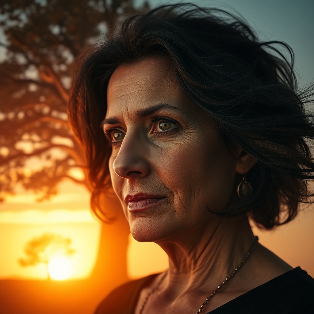 AI generated art for prompt: A double-exposure portrait of a middle-aged woman with intense eyes and sun-kissed skin portrays her