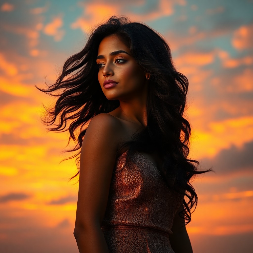 AI generated art for prompt: A young woman with olive skin and raven hair stands amidst a vibrant sunset backdrop, her form grace