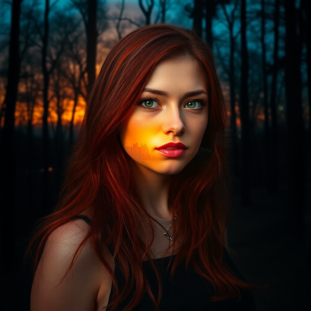 AI generated art for prompt: A young woman with cascading red locks stands pensively at the forest's edge, her silhouette merging