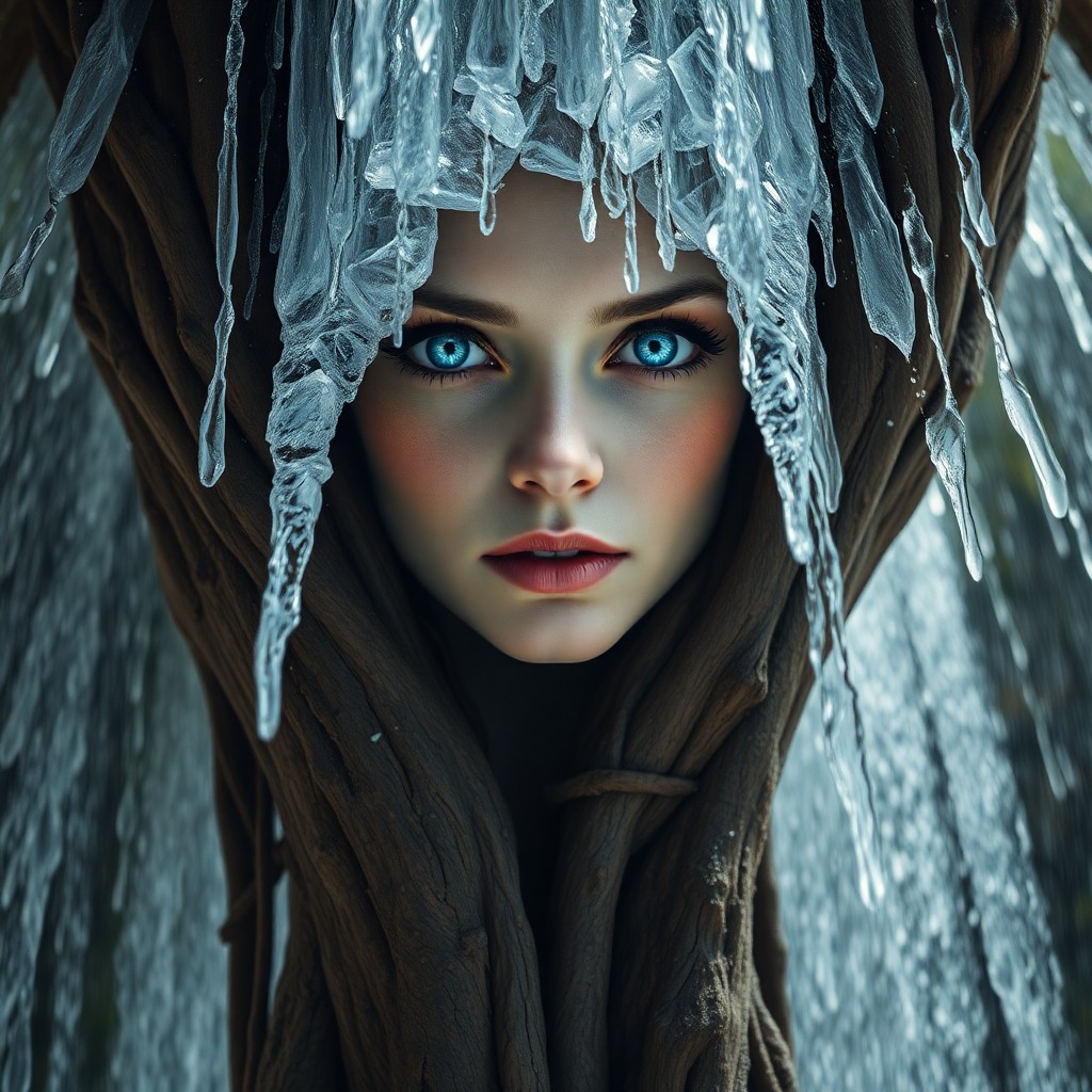 AI generated art for prompt: A photorealistic portrait depicts an enigmatic figure partially veiled by cascading waterfalls from 