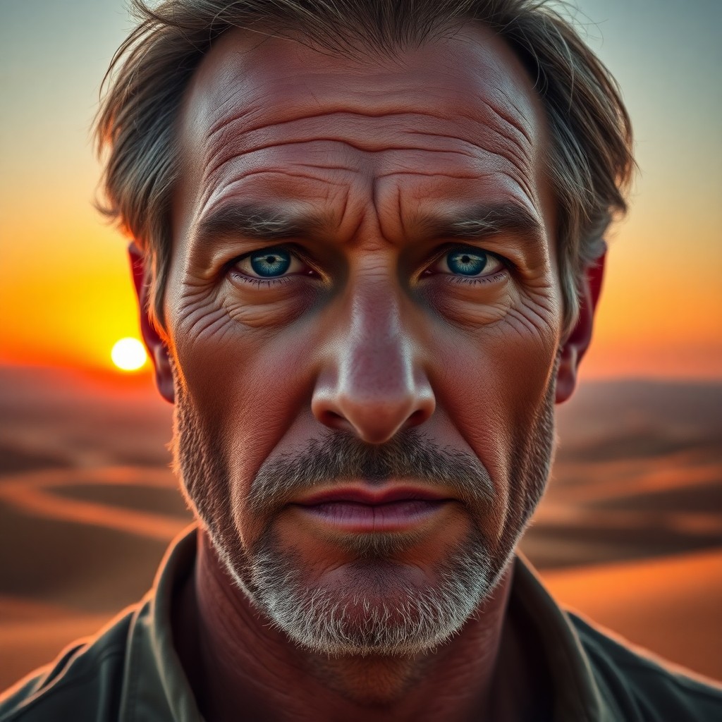 AI generated art for prompt: Craft a photorealistic portrait of a middle-aged man with rugged features and piercing blue eyes, hi