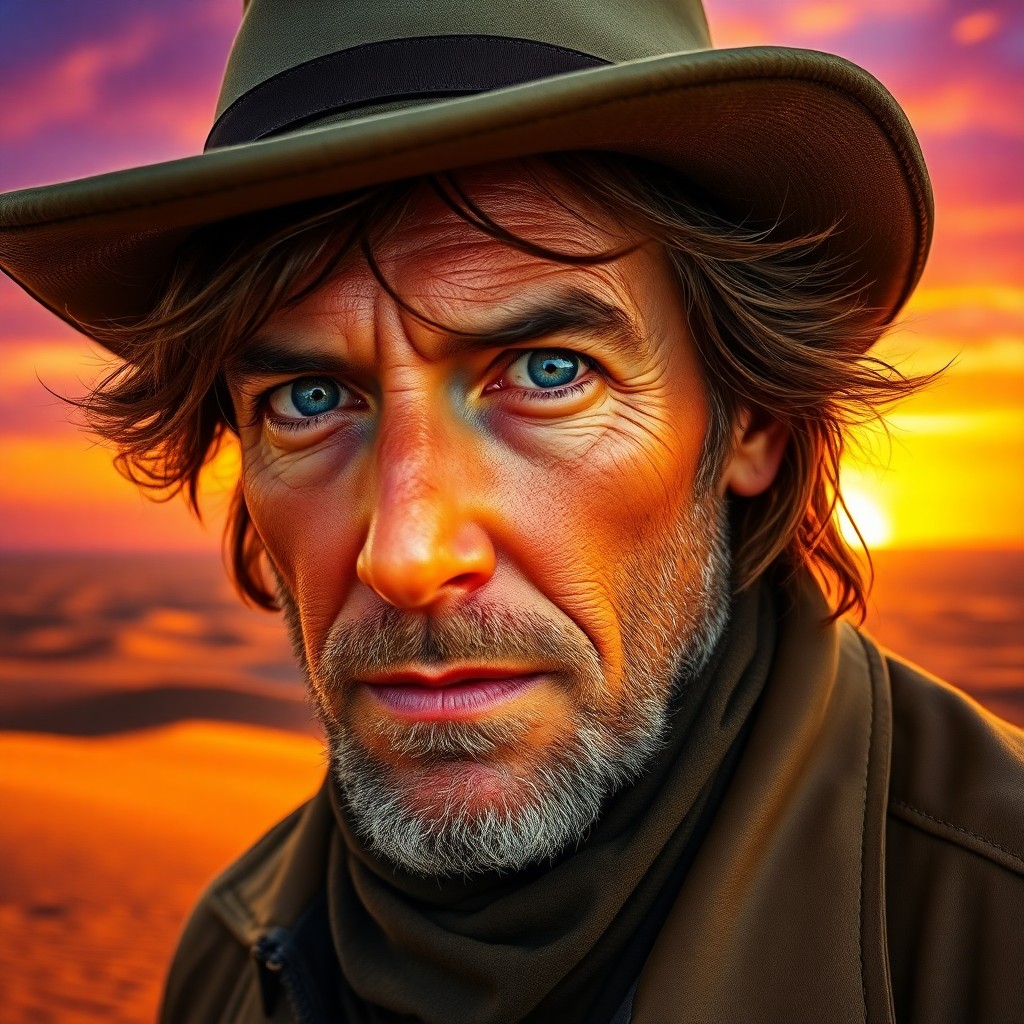 AI generated art for prompt: A photorealistic portrait photograph captures a rugged middle-aged man with piercing blue eyes and s