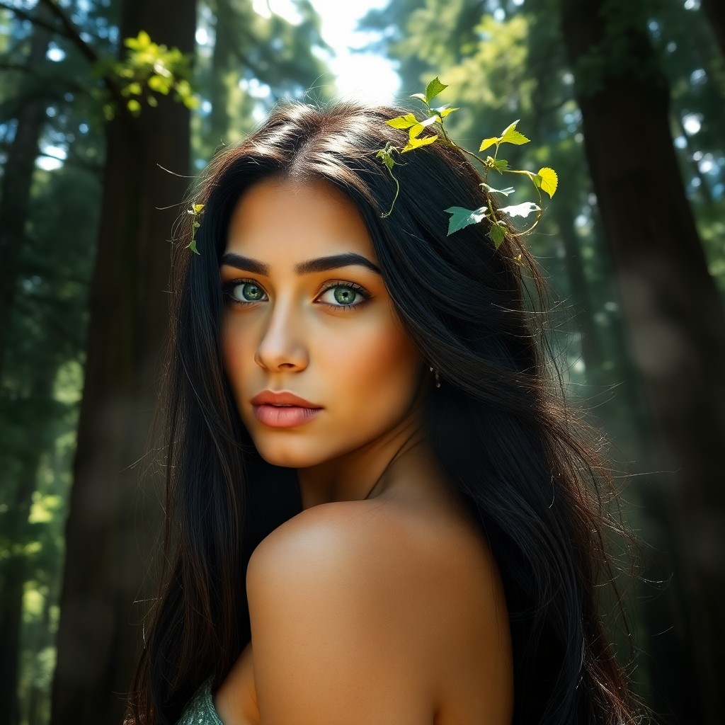 AI generated art for prompt: A portrait photograph showcases a young woman with olive skin and raven hair cascading down her back