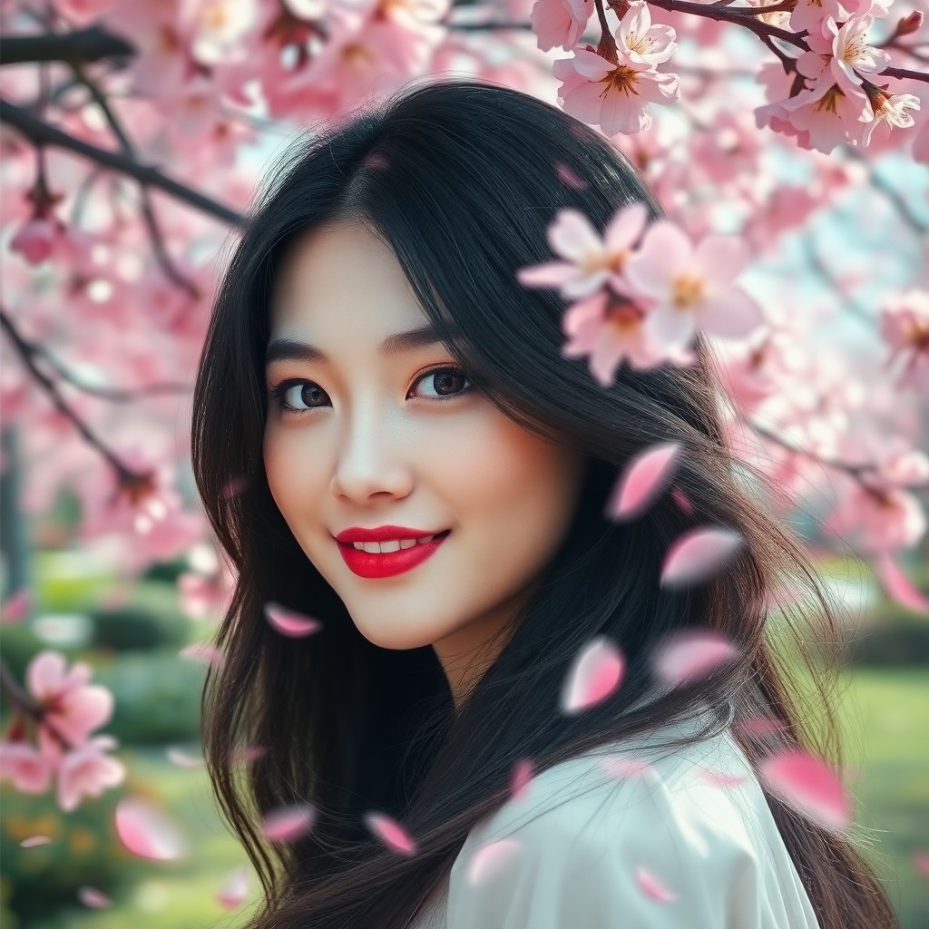 AI generated art for prompt: A captivating female portrait, enveloped by a subtle double exposure effect of delicate cherry bloss